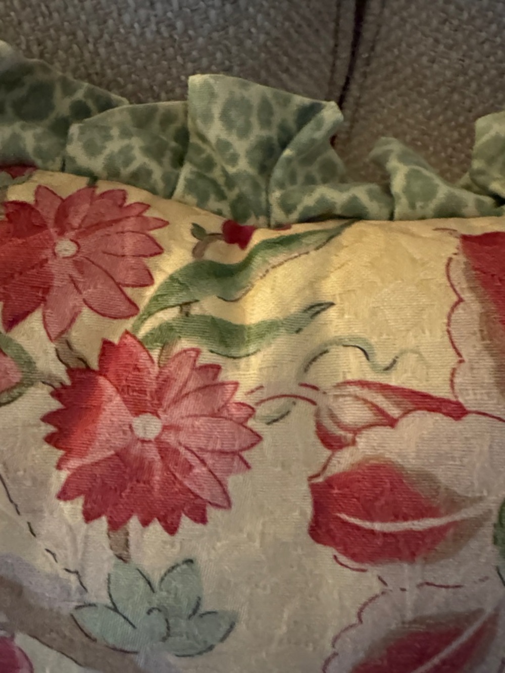 Floral Ruffled Throw Pillows- Pale Yellow with Pink & Green (Pair) - Picture 5 of 10